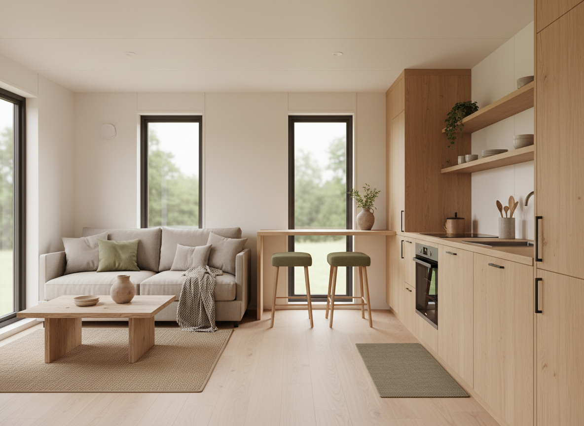 Concept rendering of a bright prefab home interior with a compact kitchen and living area