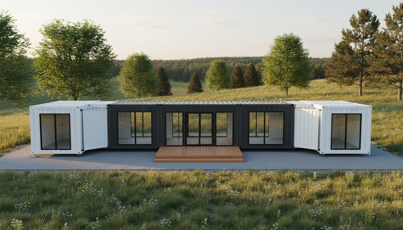Architectural concept rendering of an expandable prefab home with its side wing open