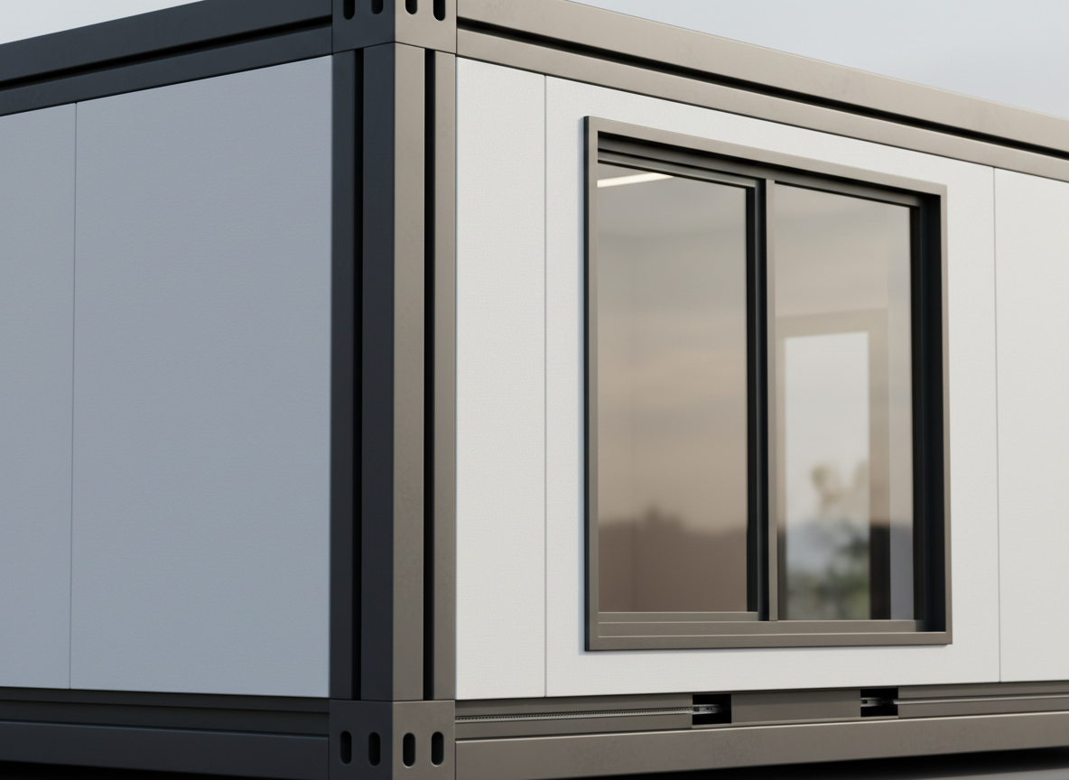 Close architectural detail of a prefab home's steel frame, window, and modular connection