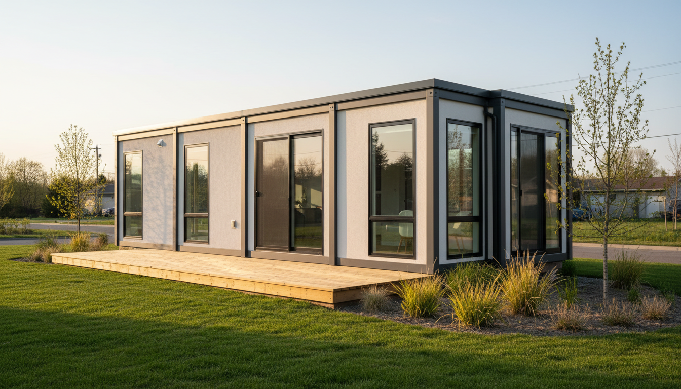 Concept rendering of an expandable prefab home beside a landscaped garden