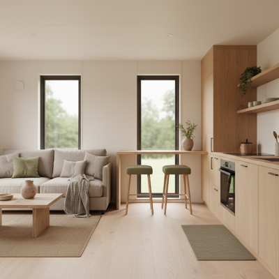Concept rendering of a bright prefab home interior with a compact kitchen and living area