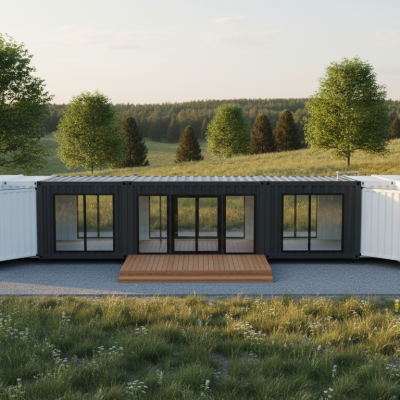 Architectural concept rendering of an expandable prefab home with its side wing open