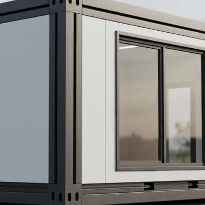 Close architectural detail of a prefab home's steel frame, window, and modular connection