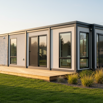 Concept rendering of an expandable prefab home beside a landscaped garden